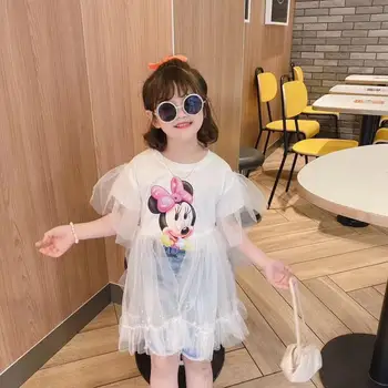 

Summer girls tutu dress Baby tee dress kids long t shirt Children vestidos mouse see through ruched layered mesh 4 to 9 yrs