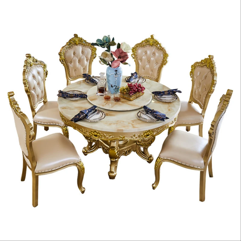 

all-solid wood dining tables and chairs marble champagne gold round table+turntable villa atmosphere carving can be customized