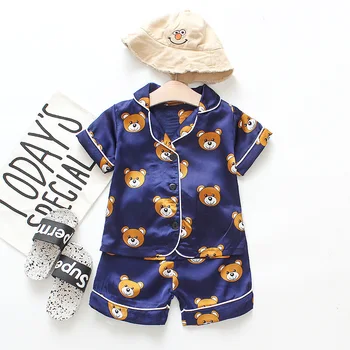 

New summer boys and girls home service baby pajamas thin section comfortable cartoon bear print short sleeve two-piece suit