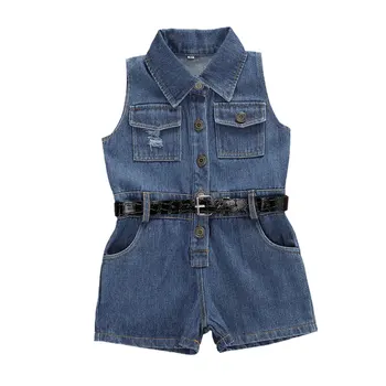 

Kids Baby Girls Rompers Sleeveless Single Breasted Blue Denim Back Floral Print Jumpsuits+Belt