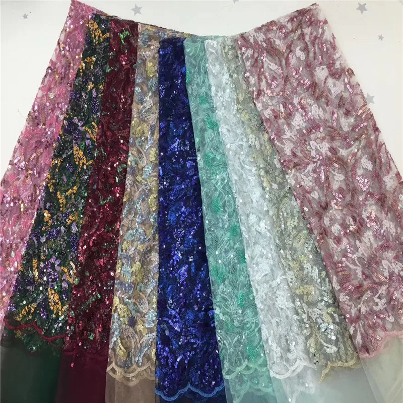 

High Quality lake blue African Sequins Lace Fabric French Net Embroidery Tulle Lace Fabric For Nigerian Wedding Party Dress