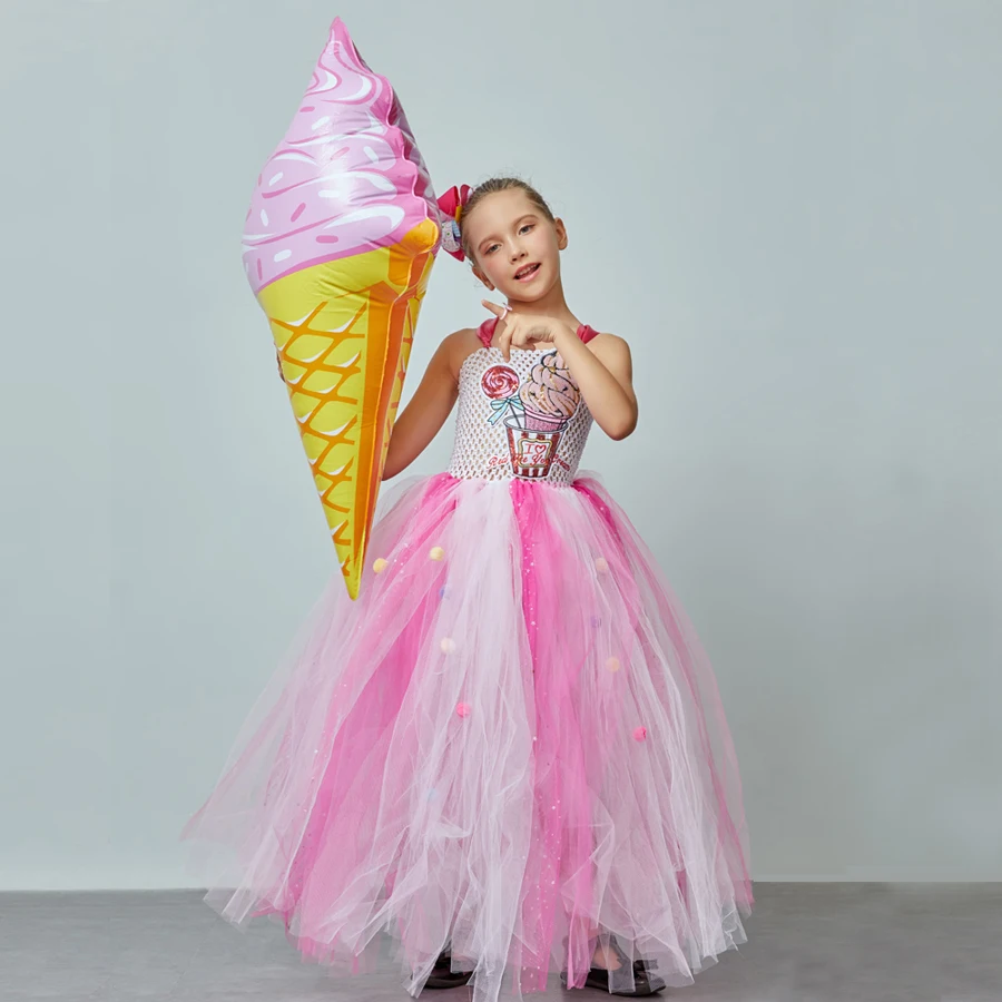 Ice Cream Sweet Candy Girls Tutu Dress with Hair Bows Kids Birthday Tutu Costume Pageant Princess Gown Dress Lollipop Dress (17)