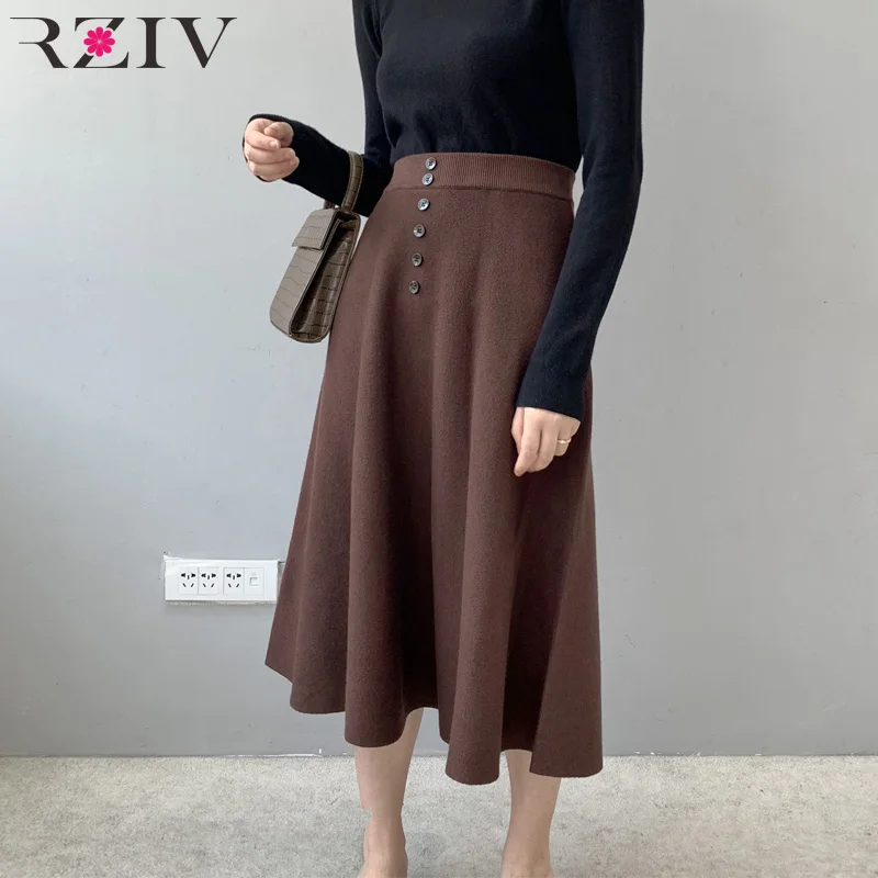 

RZIV Autumn and winter women's skirt casual solid color button decorative knit skirt