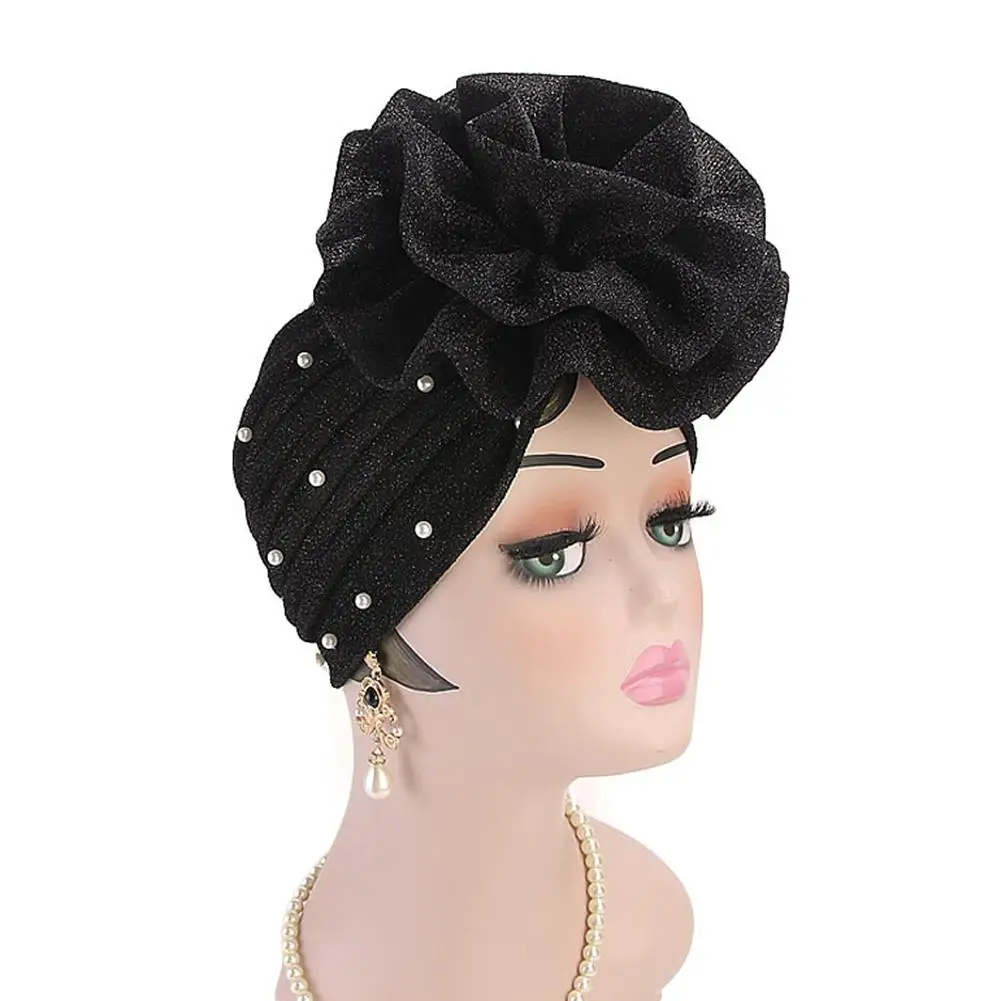 Fashion Women Cap Muslim Cotton Faux Pearl Decor Big Flower Women Muslim Hijab Turban Hat Head Wrap Cap