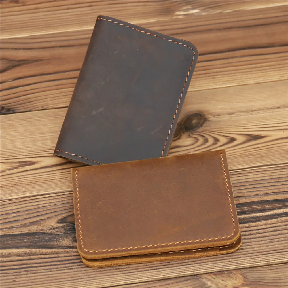 Leather Credit Card Holder Wallet Crazy Horse Leather Bifold with Front Pocket Brown