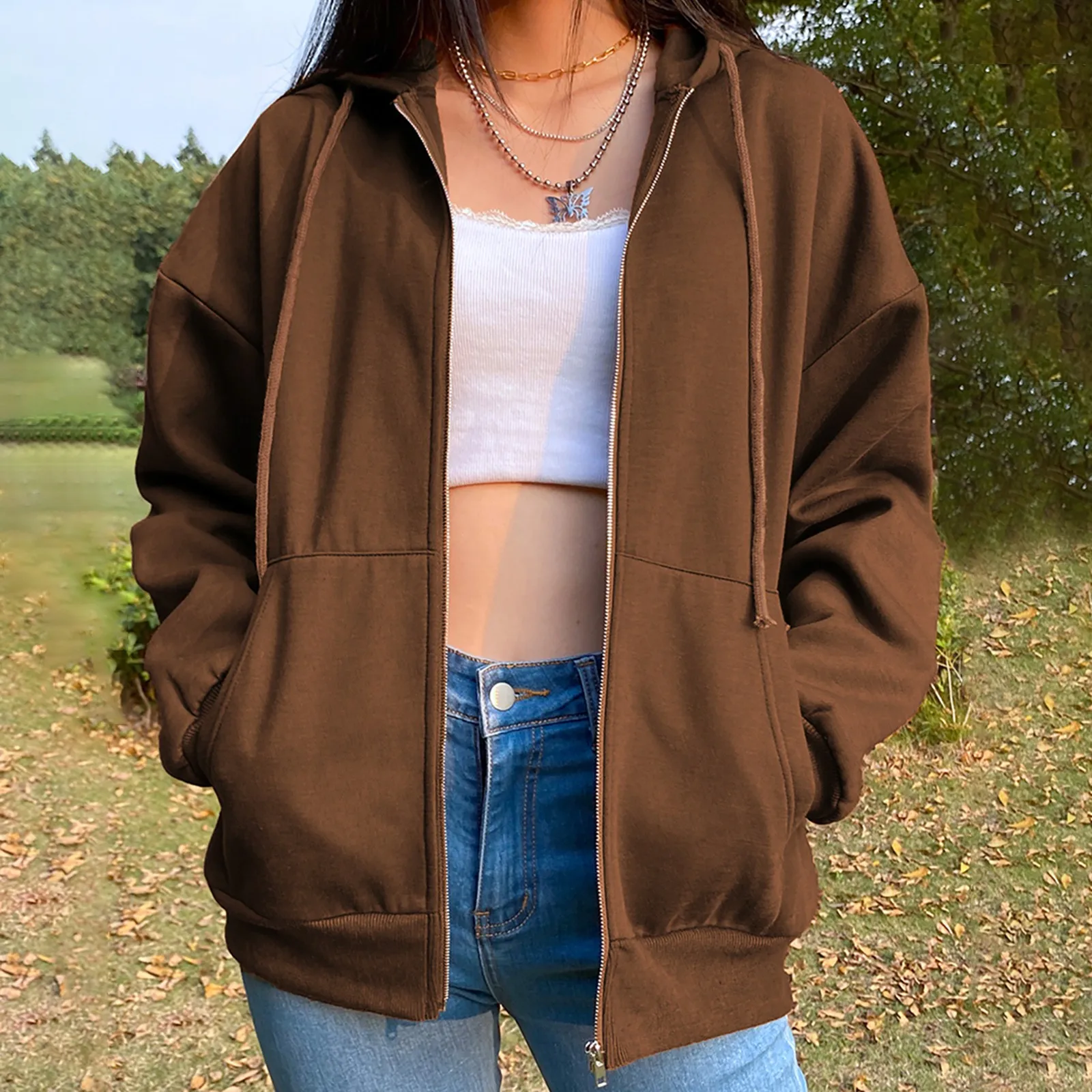 Big Orange Brown Zip Up Sweatshirt Oversize Hoodies Women Plus Size Vintage Pockets Long Sleeve Hoodies - Cardigan AliExpress