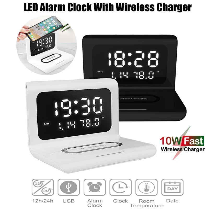 Digital Alarm Clock LED Date Time Temperature Display With Qi Wireless Charg Pad