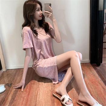 

Nightdress ladies summer net red burst home service sexy thin cotton dress short sleeve elegant sexy sleepwear пижама new 2020