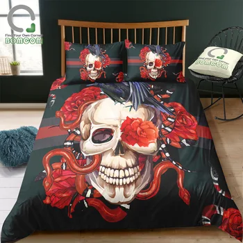 

BOMCOM Skull Duvet Cover Kingsnakes Red Rose Snake Skull Bedding Set 100% Microfiber