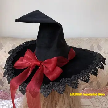 

Gothic Magic Lolita Halloween Witch Hat Costume Accessories Props Vintage Lace Big Bow Masquerade Party Peaked Cap Wizard hat