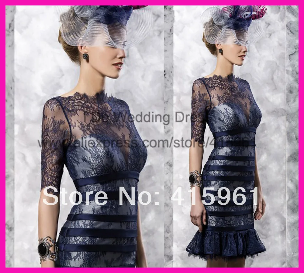 Vestido de madrinha, новое модное темно-синее платье-футляр с короткими рукавами, прозрачное женское кружевное платье для матери невесты, длина выше колена