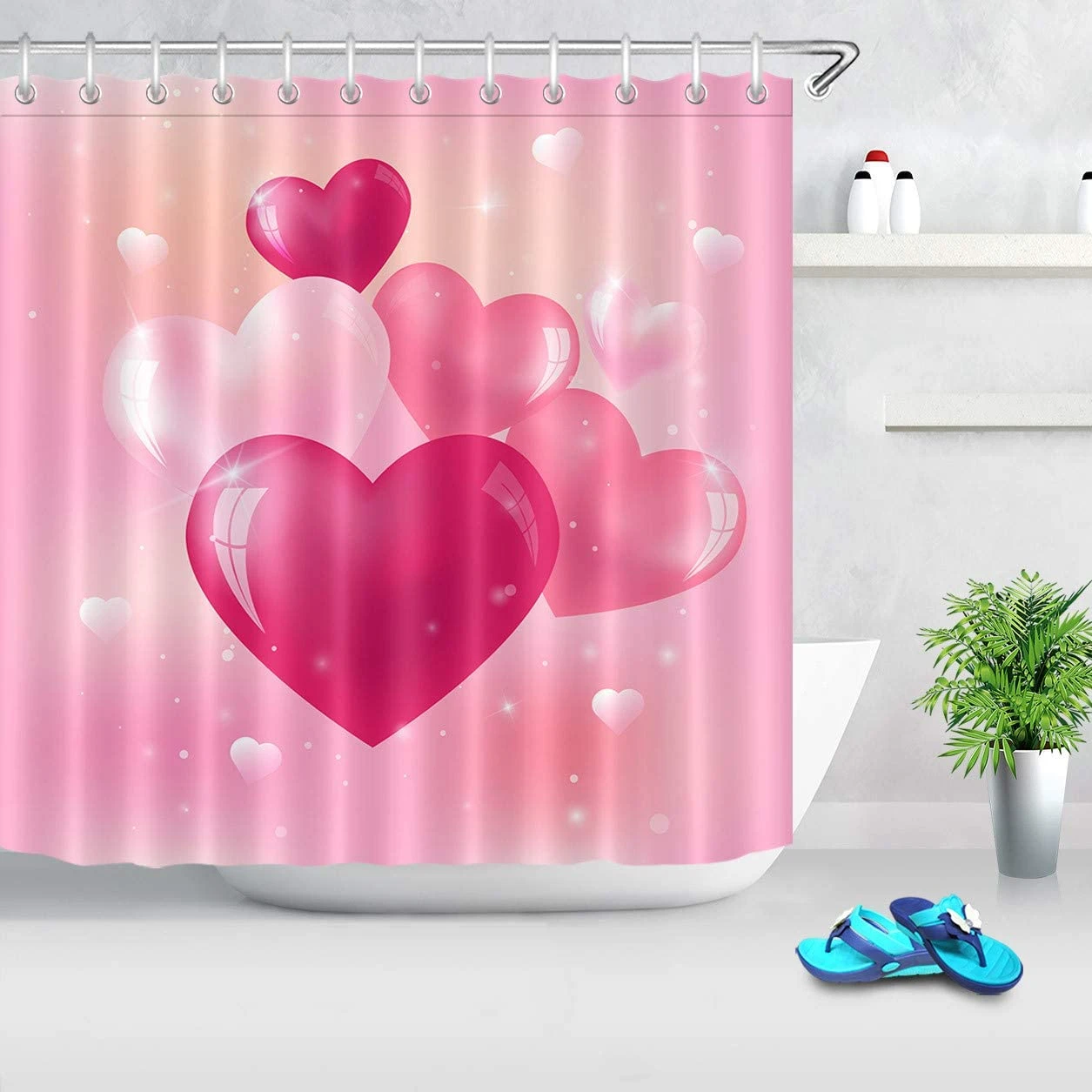 Valentine Waterproof Polyester Shower Curtain And Hooks 150x180 Cm 爆売り