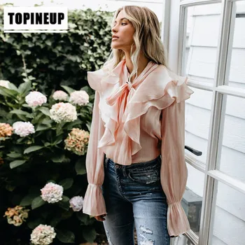 

Women's Elegant retro Solid color Ruffle splicing Lantern sleeve shirt blouse women