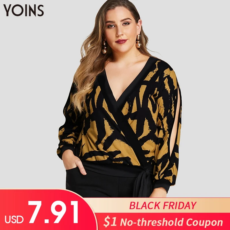 

YOINS 2019 Stylish Abstract Printed Blouse V-Neck Long Sleeve Self-tie Wrapped Hem Women Elegant Shirt Casual Tops Plus Size