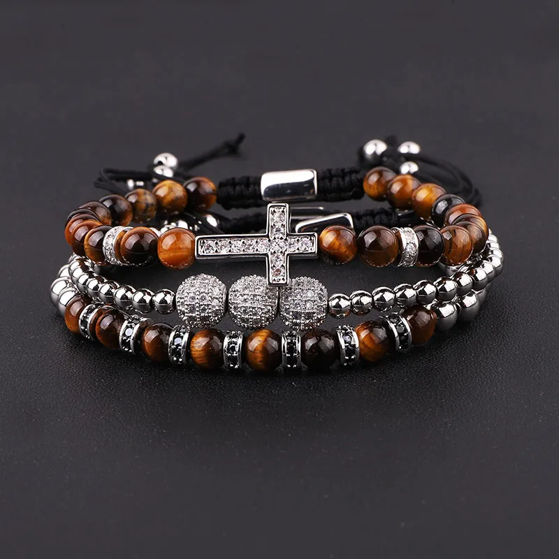 New Luxury CZ Pave Cross Charm Natural Stone Tiger Eye Beaded Macrame Friendship Adjustable Bracelet Set Men - Image 6