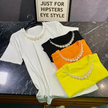 

Womens Tshirt 2020 Summer New Large Pearl Chain Neckline Decorative Design Color Round Neck Short-Sleeved T-shirt Women T Shirt