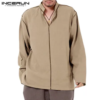 

INCERUN Men Solid Long Sleeve Casual Shirt Fashion Vintage V Neck Pullover Baggy Cotton Mens Blouse Chinese Style Streetwear