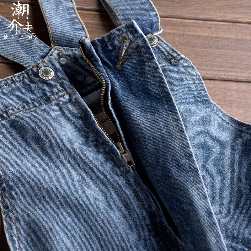 Europe And America Men Denim Bib Overalls Loose Retro Fashion Hip Hop Streetwear Jumpsuit Blue Jeans Pants Freight Trousers