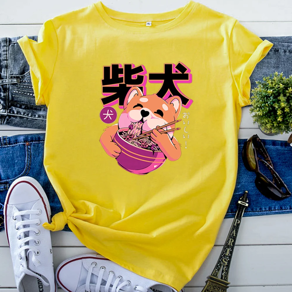 Funny Kawaii Lovely Shiba Cartoon Image Woman Tshirts Roud Neck Cotton T-Shirt For Women Harajuku Fashion Short Sleeve Tops
