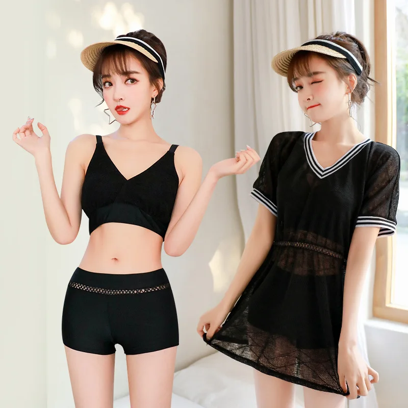 

New Style Split Type Hipster Boxers Dress Three-piece Set Solid Color Belly Covering Slimming Large Size Sexy Beach Bathing Suit