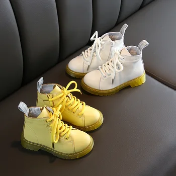 

2019 autumn new children's genuine leather Martin boots boys and girls low tube small yellowgirls waterproof single shoes