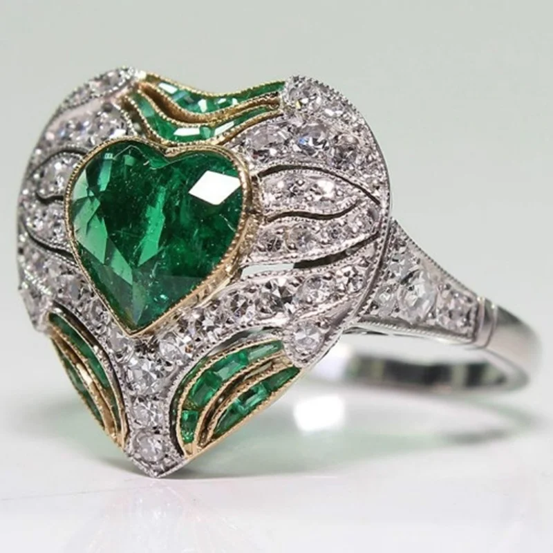 Gu Li Fashion Luxury Green Heart Crystal Emerald Gemstone Inlay Zircon Rings For Men Temperament Diamond Female Jewelry | Украшения и