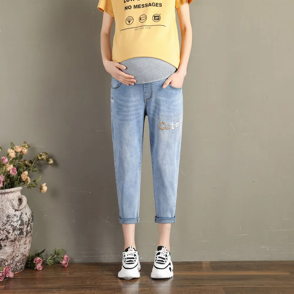 A309# сезон весна-лето; модные джинсы-шаровары для беременных с вышитыми буквами; брюки для живота; Одежда для беременных женщин