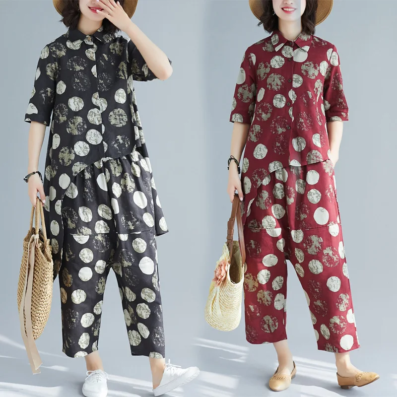 

Cotton Linen Retro Loose Polka Dot Printed Polo Collar Tops Casual Collapse Pants Two Pieces-Style Set