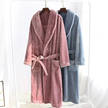 

Flannel Unisex Adult Women Men Casual Robe Couple Robe Long Sleeve Belt Pajamas warm winter Kimono Robe Bathrobe Female Robe