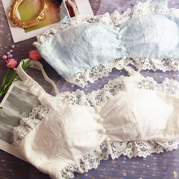

Girls tube top pure cotton bra &briefs suit embroidered lace bralette set retro no steel ring cute bras new women's underwear