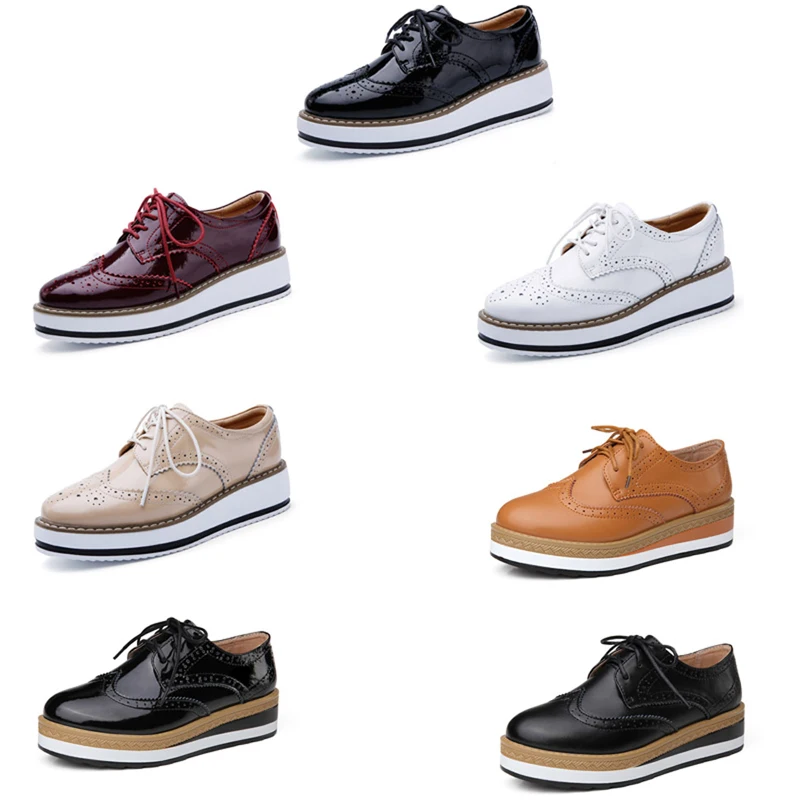

Autumn Women Platform Shoes Woman Brogue Derby Patent Leather Flats Lace Up Footwear Female Flat Oxford Shoes For Women