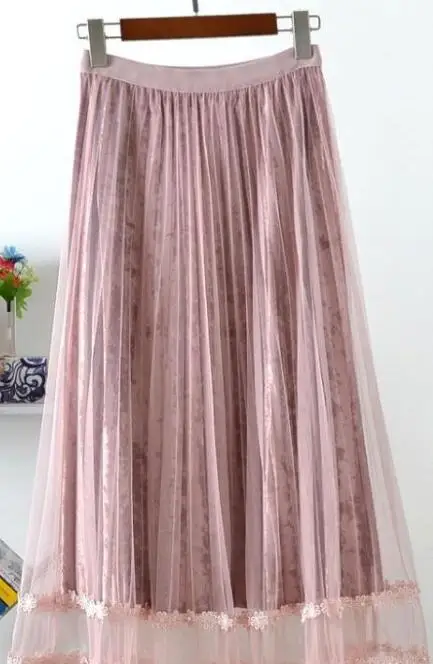 Gold Velvet High Waist Pleated Skirt Mesh Tulle Lace Stitching Sequin Bead Plus Size Two-tiered black Long Skirts women Clothes - Цвет: 855pink