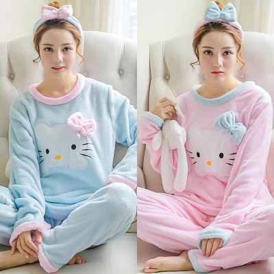 

Winter coral fleece pajamas women fall long sleeve Hello Kitty padded plush winter flannel home suit pajama set towels bathroom