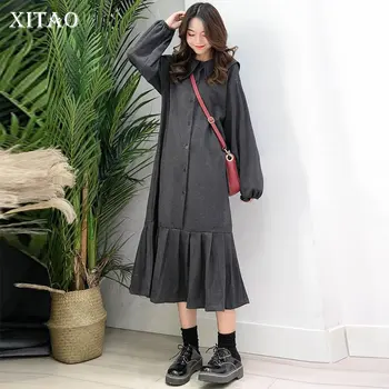 

XITAO Plus Size Personality Elegant Dress Women Clothes 2020 Fashion New Peter Pan Collar Full Sleeve Slim Pleated Dress DMY2967