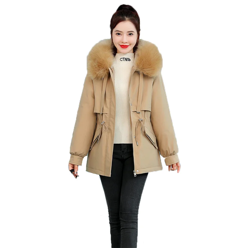 

Winter Warm Parkas Coat Female 2021 New Fur Collar Hooded Down Cotton Jacket White Khaki Black Long Thick Cotton Coat Women Y525