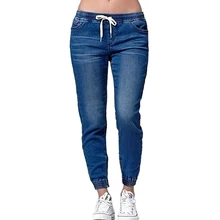 Модные новые женские повседневные однотонные джинсовые штаны, женские свободные мягкие джинсы для бега с эластичной резинкой на талии, размер S-5XL