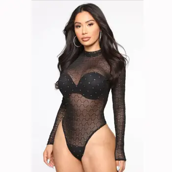 

2020 Fashion Trend Sexy Women's Sheer Mesh See Through Bodysuit Ladies Solid Color Sequined Shiny Long-Sleeve Leotard Clubwear