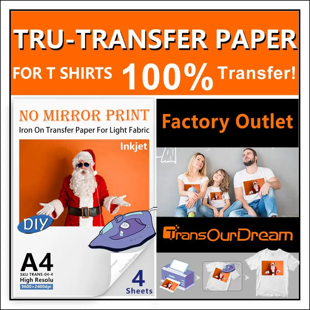 

TransOurDream Tru-Transfer Paper. 4 Sheets A4 Inkjet Iron on Transfer Paper. Heat Transfer Paper for Light & White T Shirt