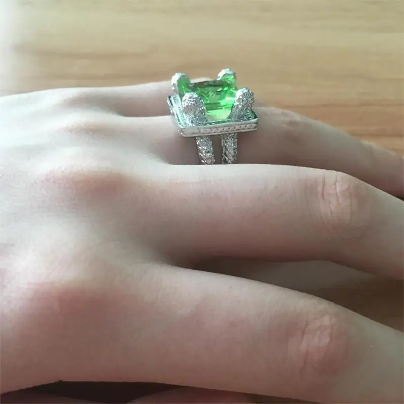 Высокое качество, элегантное зеленое кольцо с большим горным хрусталем, полые Свадебные обручальные кольца, ювелирные изделия для женщин, женские подарочные аксессуары
