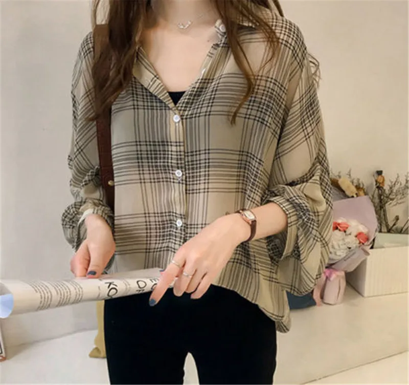 Korean Women Plaid Blouse Long Sleeve Loose Top Shirt OL Ladies Casual Shirt Summer Tops Plus Size Tops Women Clothes Korean Women Plaid Blouse Long Sleeve Loose Top Shirt OL Ladies Casual Shirt Summer Tops Plus Size Tops Women Clothes