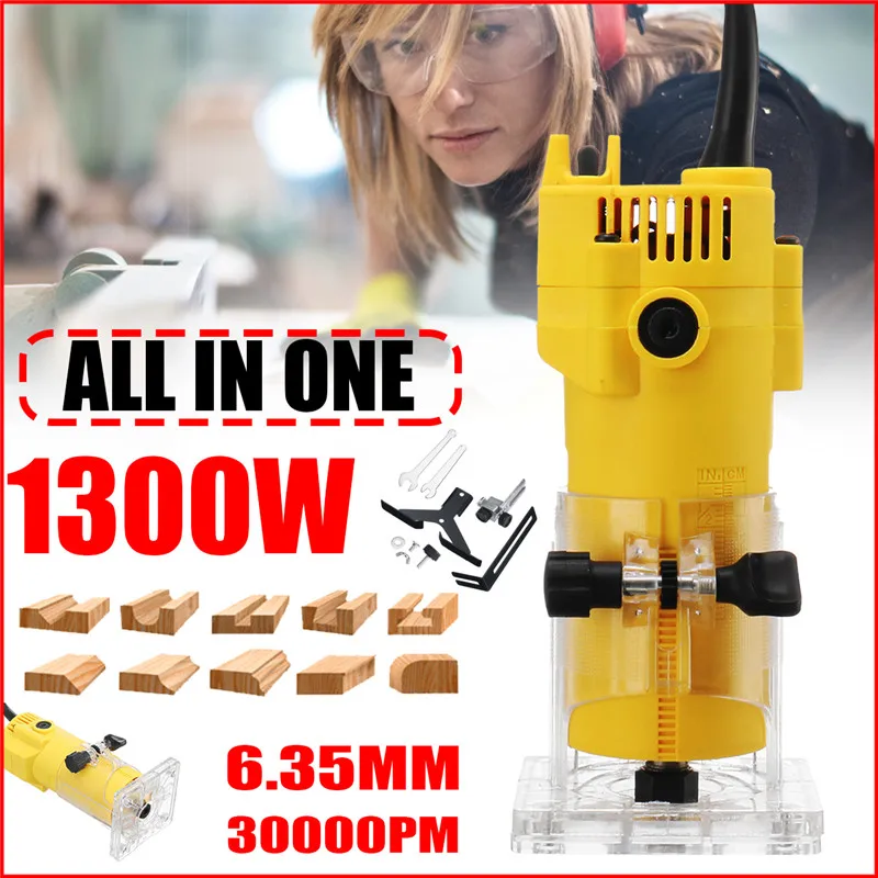 1300W 6.35MM 30000rpm Electric Trimmer Wood Laminate Router 110V US /220V EU Woodworking Trimming Tools Carving Milling Machine