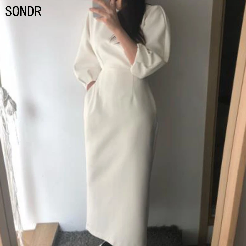 

Elegant Ladies Office Dress Spring And Autumn 2020 Fashion Sexy Solid Color Dress Women Slim Pack Hip Midi Dress Vestidos OL