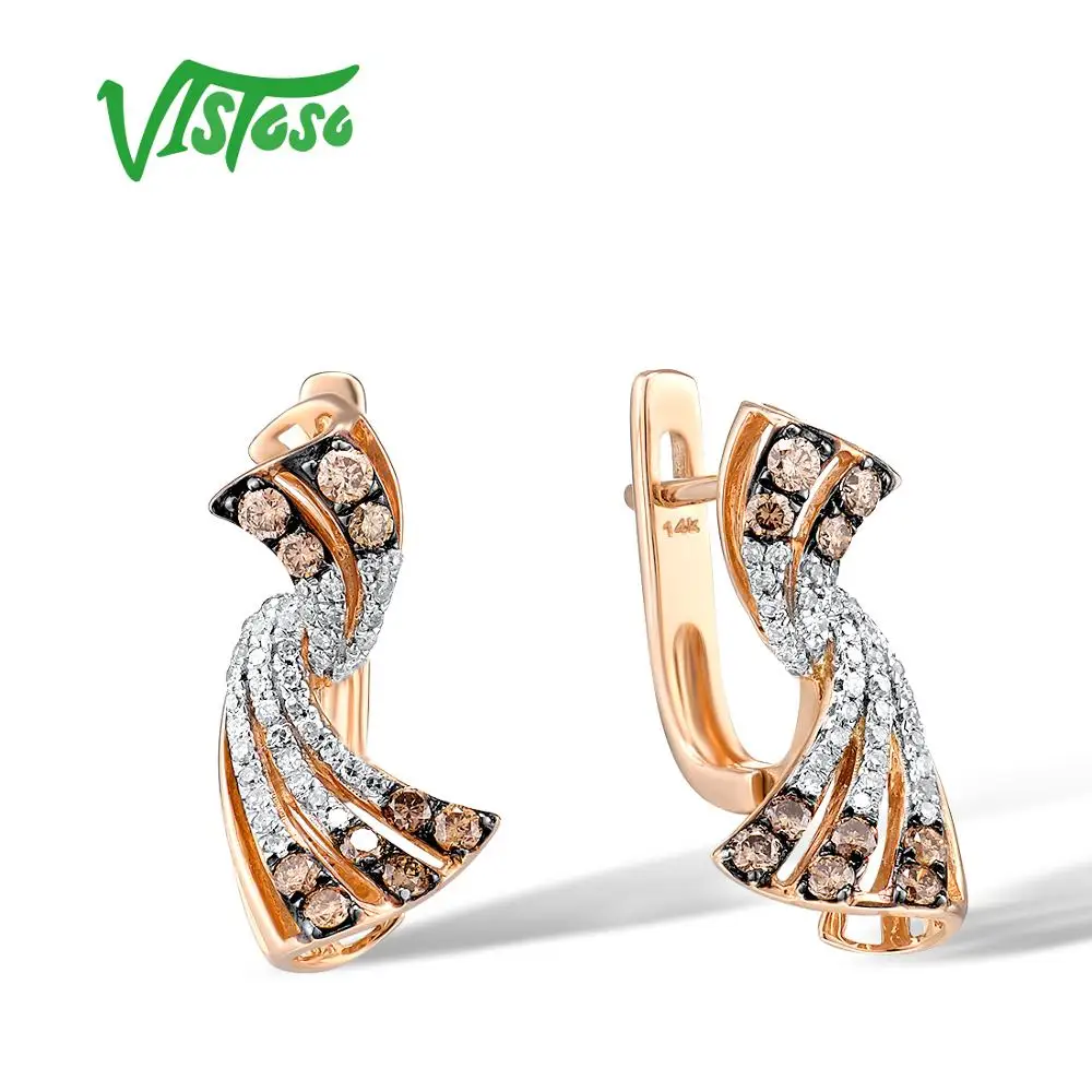 VISTOSO 14K 585 Rose Gold Earrings For Lady Glamorous Sparkling White and Brown Diamond Luxury Engagement Fine Jewelry | Украшения и