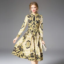 Vrouwen Runway Shirt Jurk Elegante Vintage Lente Herfst Jurken Kerst Gewaad Femme Knoppen Lange Mouwen Bloem Jurk Geel(China)