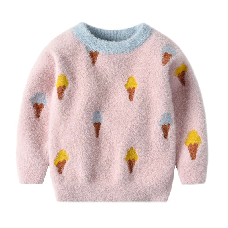 Одежда для маленьких мальчиков и девочек Повседневный теплый свитер Топы с длинными рукавами и круглым вырезом, с рисунком мороженого, на осень и зиму, новинка г - Цвет: Розовый