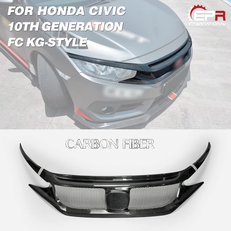 Для Honda 16-18 10th Gen Civic FC кг-Стиль из углеродного волокна на переднюю решетку, глянцевое покрытие бампер решетка Набор волокна дрейф решетки крышка комплект