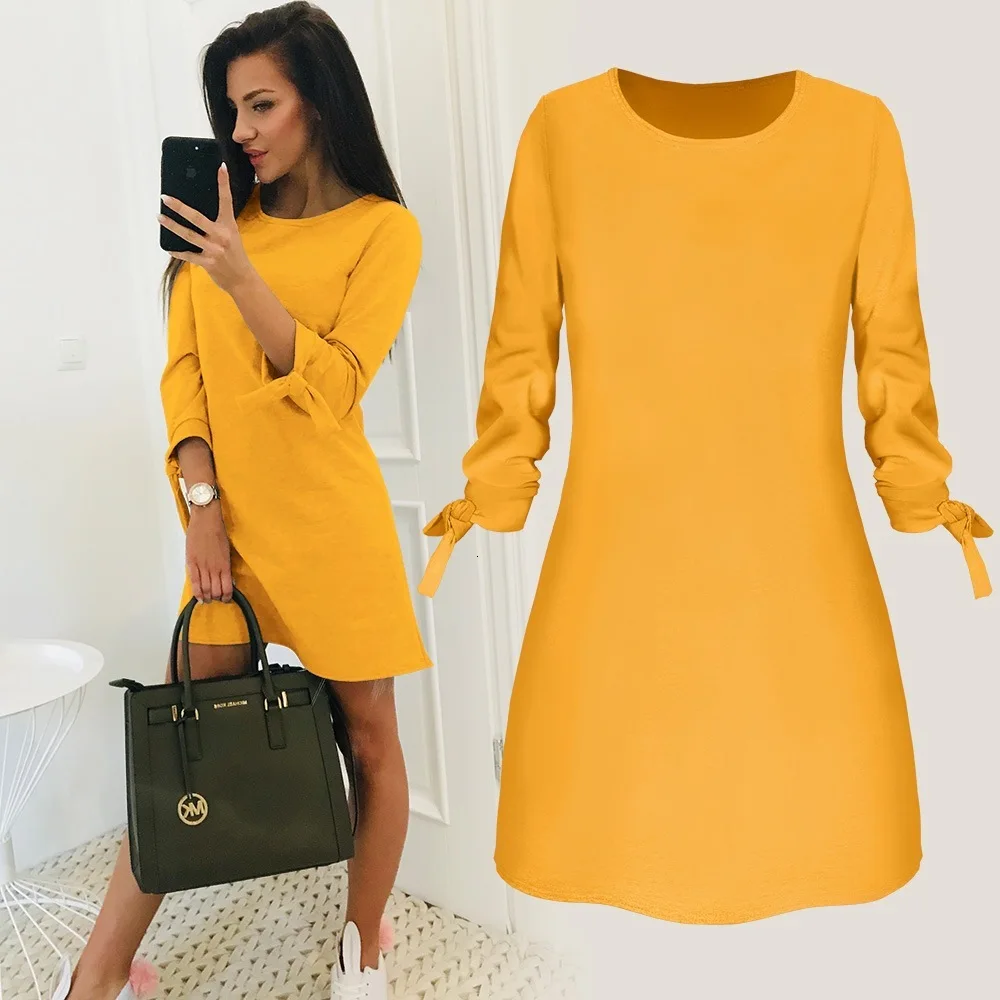 

2019 autumn New Fashion Solid Color Dress Casual O-Neck Loose Dresses Elegant Beach Female Vestidos Plus Size Solid Color Dress