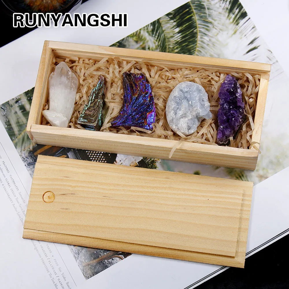 Runyangshi 5pcs/set Natural crystal cluster Original point minerals amethyst Collect woodenbox gifts for Home decoration | Дом и сад
