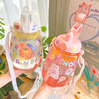 1300 ML Large Capacity Water Bottles With Straw Strap Outdoor Sports Plastic Drinking Bottle Cute Kids Sticker Sippy Water Cup 1