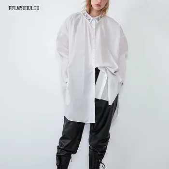 

Women's fashion temperament lapel jewelry button decoration long-sleeved solid color long loose shirt